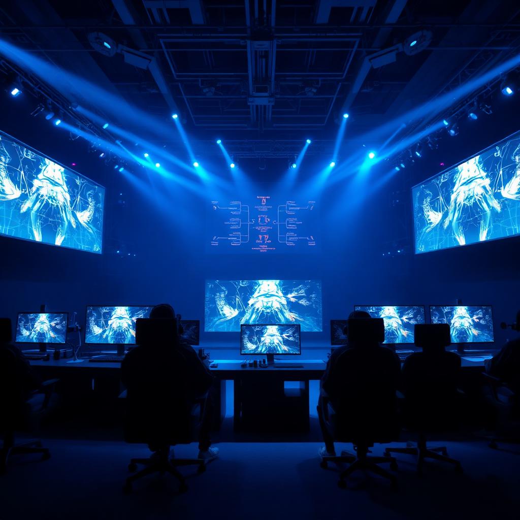 Esports arena met grote schermen en blauwe lichtstralen