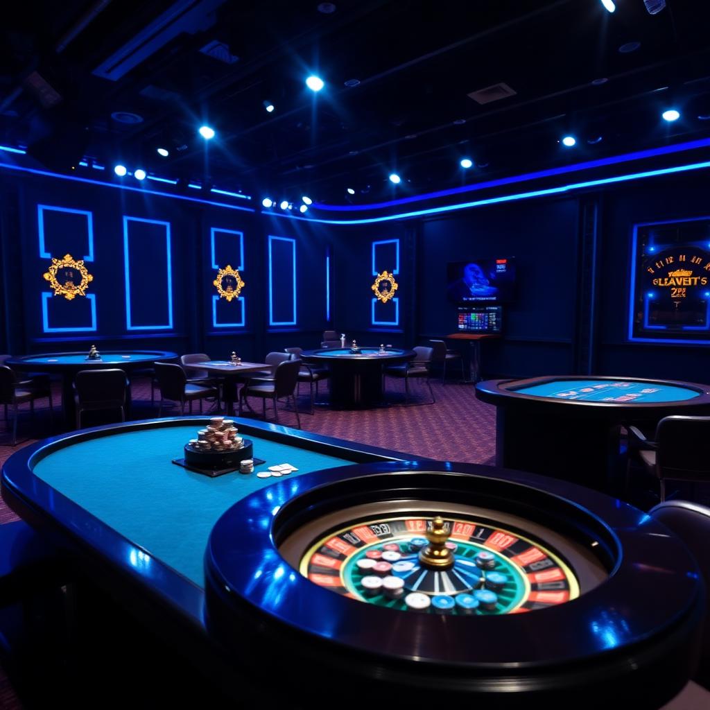 Live casino tafels met blackjack en roulette onder blauwe verlichting